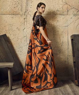 Orange print modal satin saree with blouse 2