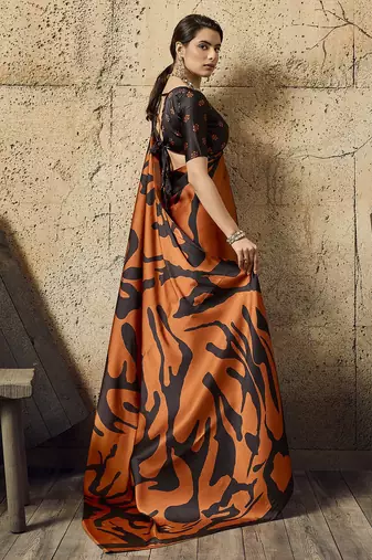 Orange print modal satin saree with blouse
