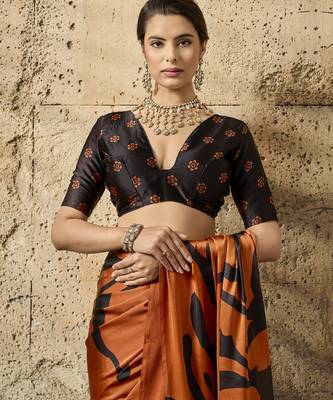 Orange print modal satin saree with blouse 3