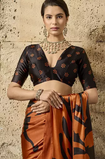 Orange print modal satin saree with blouse