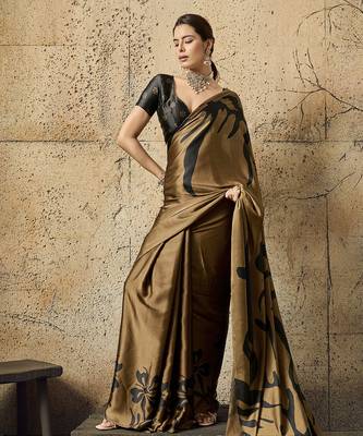 Brown print modal satin saree with blouse 1