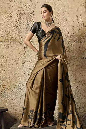 Brown print modal satin saree with blouse