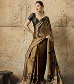 Brown print modal satin saree with blouse