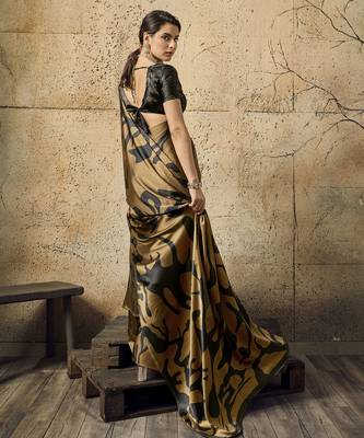 Brown print modal satin saree with blouse 2