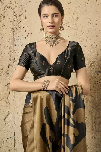 Brown print modal satin saree with blouse