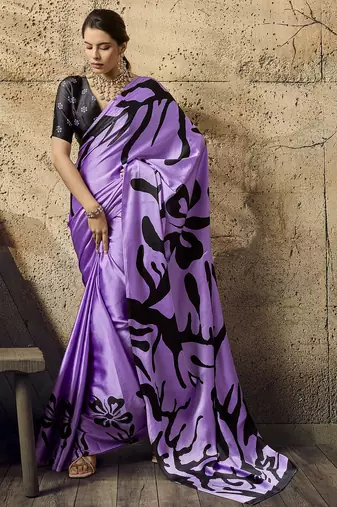 Purple print modal satin saree with blouse