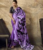 Purple print modal satin saree with blouse