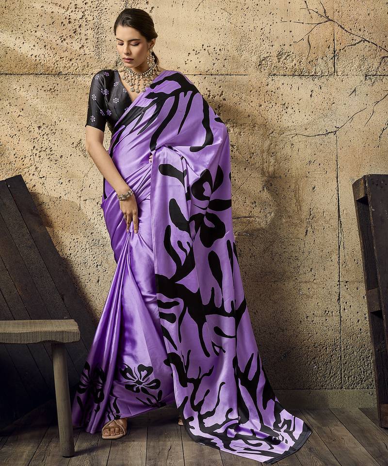 purple printed satin saree with blouse