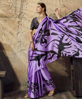 Purple print modal satin saree with blouse 2