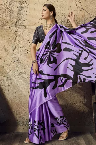 Purple print modal satin saree with blouse