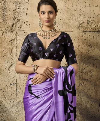 Purple print modal satin saree with blouse 3
