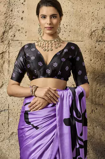 Purple print modal satin saree with blouse