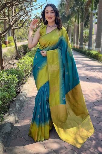 Teal blue woven art silk saree with  blouse