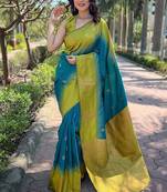 Teal blue woven art silk saree with  blouse