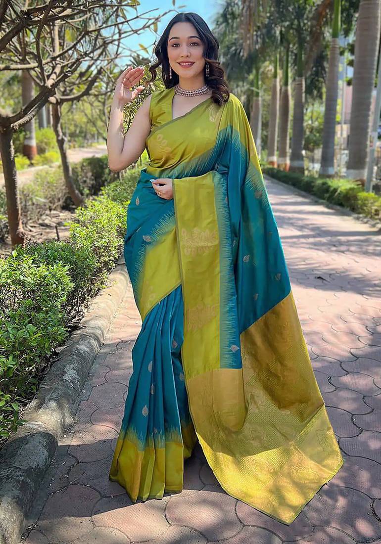 Teal blue woven art silk saree with  blouse