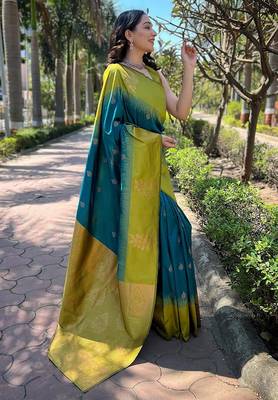 Teal blue woven art silk saree with  blouse 2