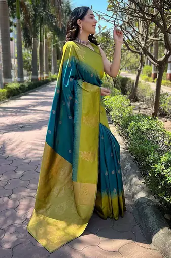 Teal blue woven art silk saree with  blouse