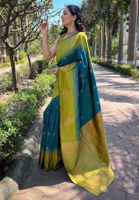 Teal blue woven art silk saree with  blouse 3