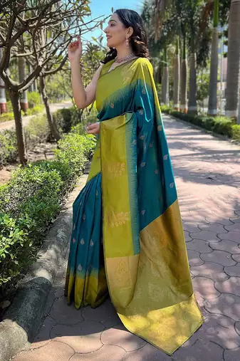 Teal blue woven art silk saree with  blouse