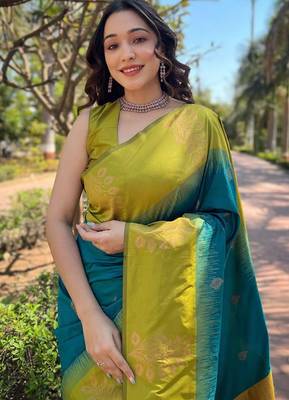 Teal blue woven art silk saree with  blouse 4