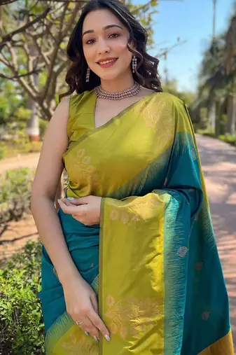 Teal blue woven art silk saree with  blouse