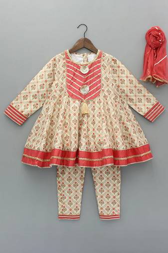 Beige printed cotton silk anarkali set