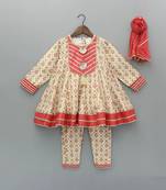 Beige printed cotton silk anarkali set