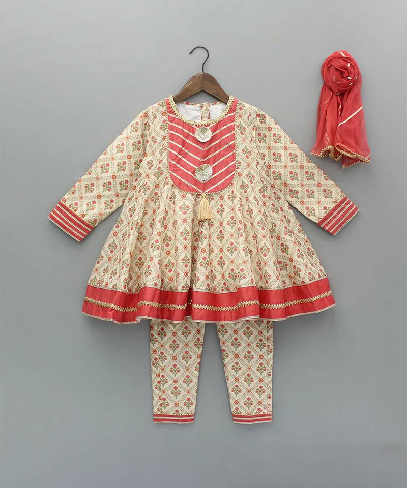Beige printed cotton silk anarkali set