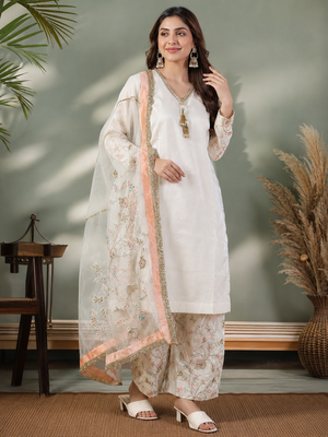 Cream glass satin farshi palazzo suit set with organza dupatta 1