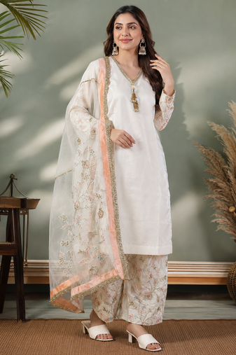 Cream glass satin farshi palazzo suit set with organza dupatta