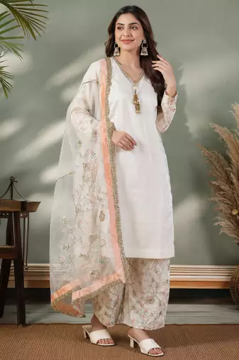 Cream glass satin farshi palazzo suit set with organza dupatta