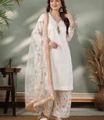 Cream glass satin farshi palazzo suit set with organza dupatta