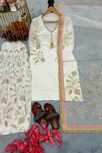 Cream glass satin farshi palazzo suit set with organza dupatta