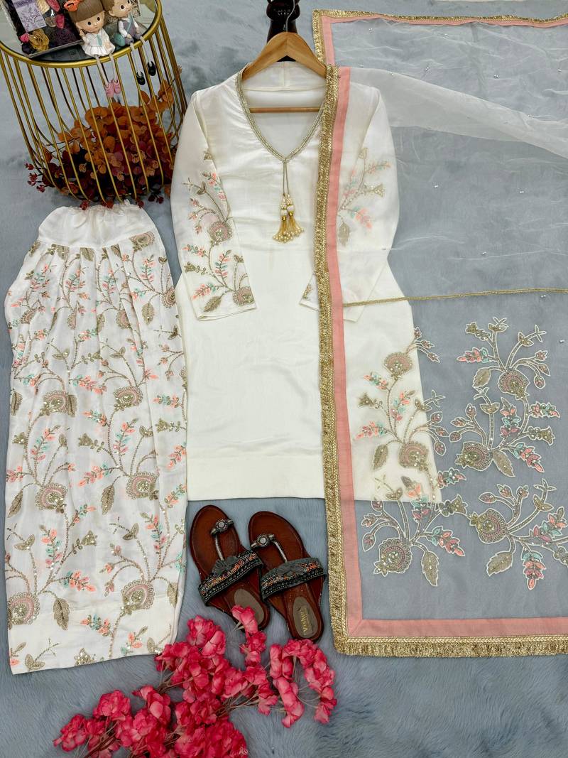 Cream glass satin farshi palazzo suit set with organza dupatta