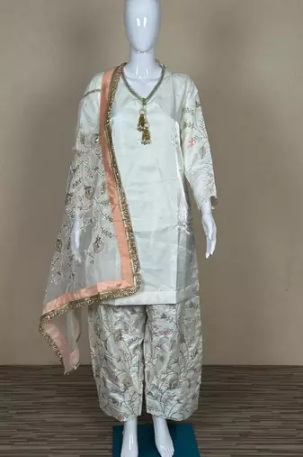 Cream glass satin farshi palazzo suit set with organza dupatta