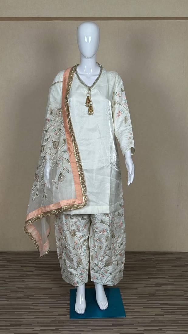 Cream glass satin farshi palazzo suit set with organza dupatta