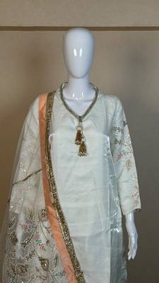 Cream glass satin farshi palazzo suit set with organza dupatta 4