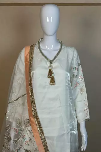 Cream glass satin farshi palazzo suit set with organza dupatta