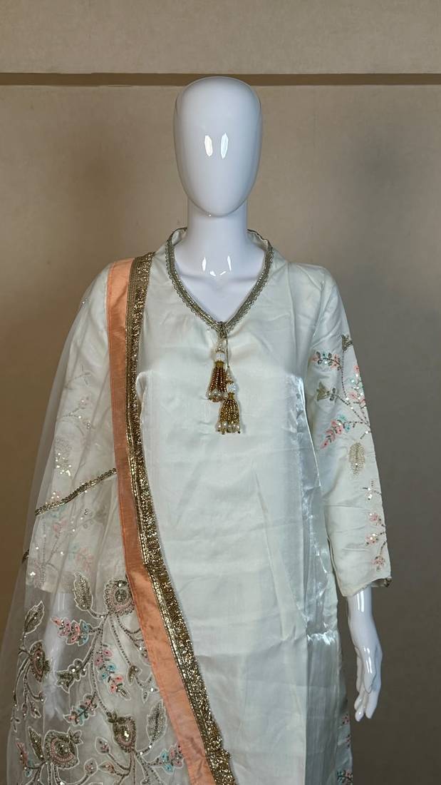 Cream glass satin farshi palazzo suit set with organza dupatta