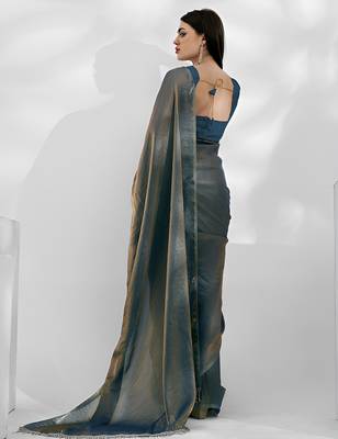 Teal soft space silk saree with val pipe lace border 2