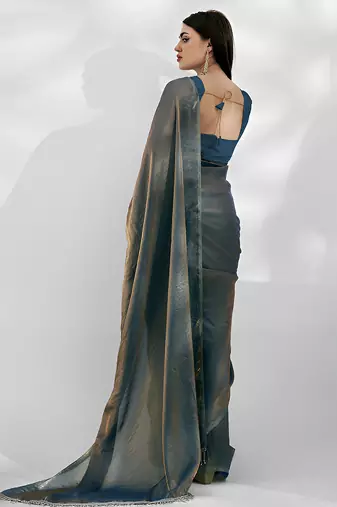 Teal soft space silk saree with val pipe lace border