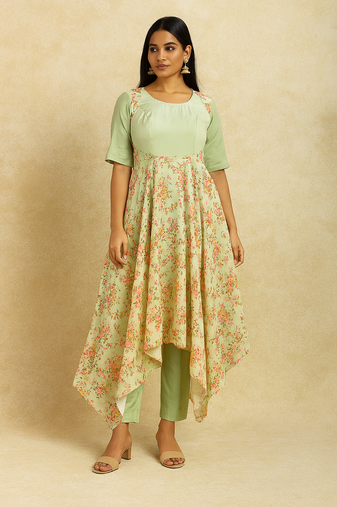 Green cotton floral long dress