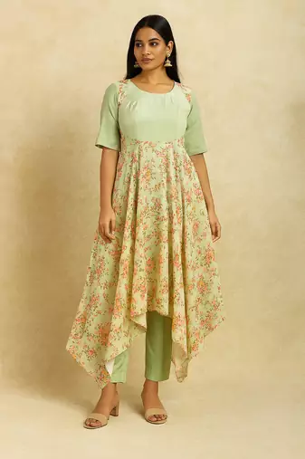 Green cotton floral long dress