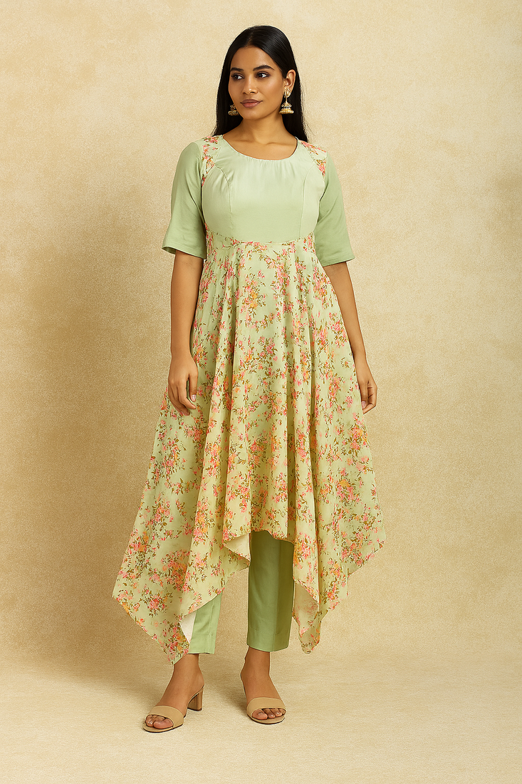Green cotton floral long dress