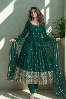 Green Chinon Silk blend Embroidered Sequin Anarkali suit 1