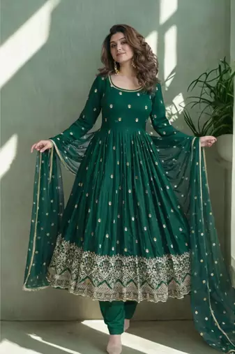 Green Chinon Silk blend Embroidered Sequin Anarkali suit