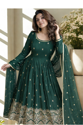 Green Chinon Silk blend Embroidered Sequin Anarkali suit 2