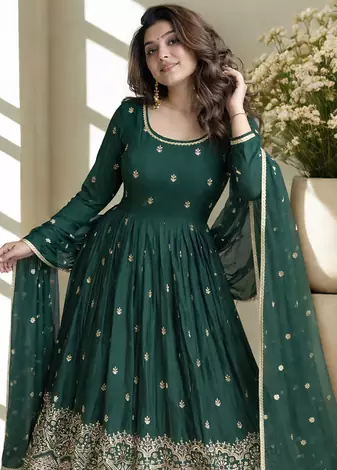 Green Chinon Silk blend Embroidered Sequin Anarkali suit
