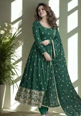 Green Chinon Silk blend Embroidered Sequin Anarkali suit