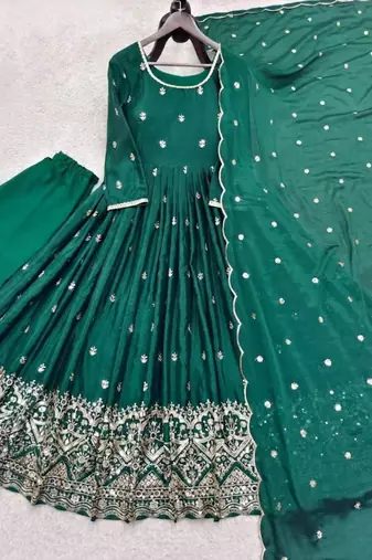 Green Chinon Silk blend Embroidered Sequin Anarkali suit
